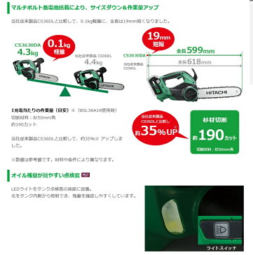 日立工機 マルチボルト(36V) コードレスチェンソー < CS3630DA(2XP) > セット品 コードレスチェーンソー CS3630DA2XP 【チェンソー 最安値挑戦 目立て 強力 工具 作業用品 比較 女性 簡単 軽量 電動チェンソー 日立 激安 通販 おすすめ 人気 価格】