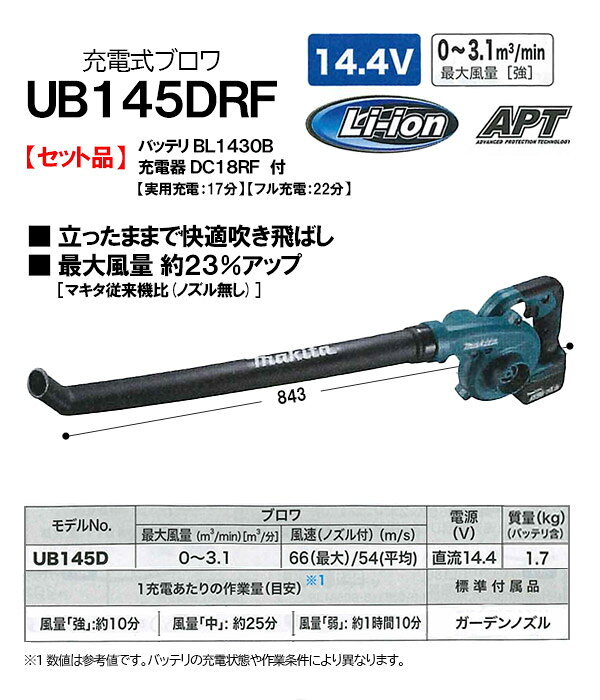 マキタ 充電式ブロワ ＜UB145DRF＞ 14.4V セット品 (バッテリBL1430B・充電器DC18R...