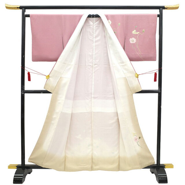 【新古品】 訪問着 着物 未使用 正絹 袷 菅有鬼一 東京友禅作家 落款 手染め 銀彩加工 ピンク ポピー 花 春 秋 冬 上質 作家物 着物 美品 仕立て上がり 身丈160 裄丈64.5 Mサイズ みやがわ sb16802