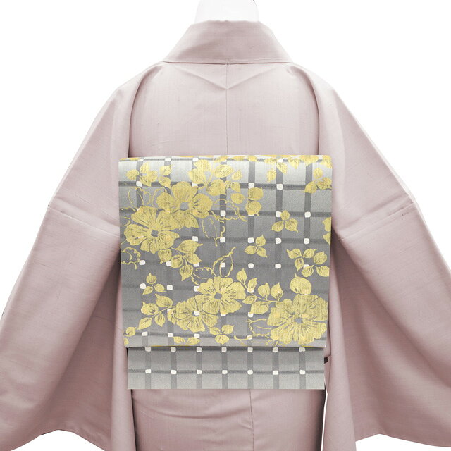スーパーSALE限定￥29480→26532【中古】 袋帯 リサイクル 全通 正絹 染め帯 金彩加工 グレー ぼかし地 格子 草花 カジュアル 春 秋 冬 仕立て上がり みやがわ sb51506 auc-miyagawa-10157847 リサイクル着物 みやがわ 中古着物 サンプル画像2