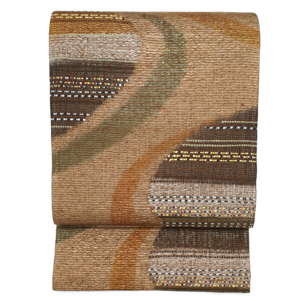 【新古品】 袋帯 16500円均一 真綿紬 銀糸 変わり織 流水半円文 素朴な風合い 正絹 絹 カジュアル 上質 お食事 ショッピング 観劇 コンサートなど つむぎ 販売 購入 リサイクル 美品 未使用 仕立て上がり みやがわ rb1012