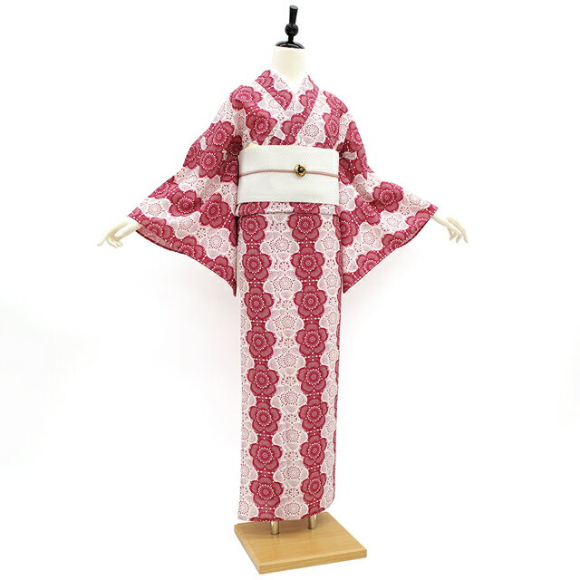 【新古品】 夏物 小紋 薄物 着物 単衣 撫松庵 ポリエステル ガーネット色 桜 梅 洗える着物 カジュアル 夏 未使用 仕立て上がり 身丈165 裄丈67.5 Lサイズ みやがわ sb14717