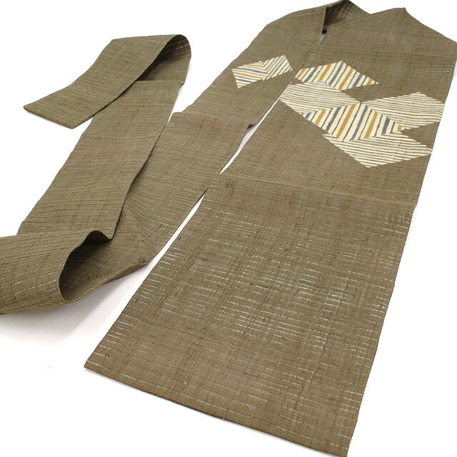 【中古】 夏物 名古屋帯 九寸 リサイクル 紬 手染め こげ茶 菱文様 縞 夏 カジュアル ざっくりとした麻のような紬地 美品 仕立て上がり みやがわ sb54718