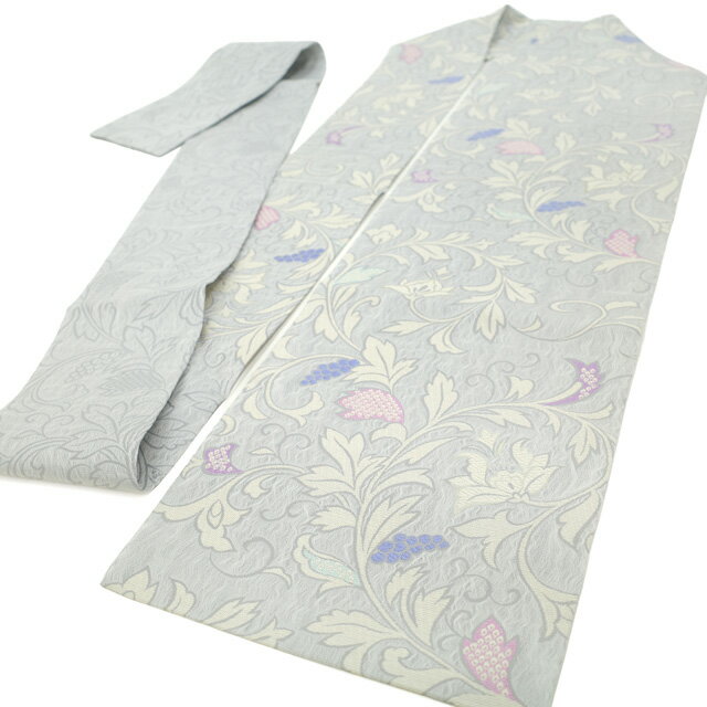 【中古】 名古屋帯 九寸 西陣 すくい織 銀箔糸 ライトグレー 洋花唐草 ピンク 薄花桜 淡水色 カジュアル セミフォーマル 上質 リサイクル 京都 西陣織 春 秋 冬 美品 仕立て上がり みやがわ sb55419