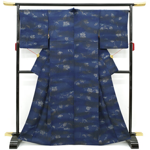 楽天スーパーSALE【中古】 小紋 着物 リサイクル 正絹 袷 手染め ぼかし ブルー系 草花模様 地紋 花唐草 春 秋 冬 仕立て上がり 身丈165 裄丈68 Lサイズ みやがわ sb14321