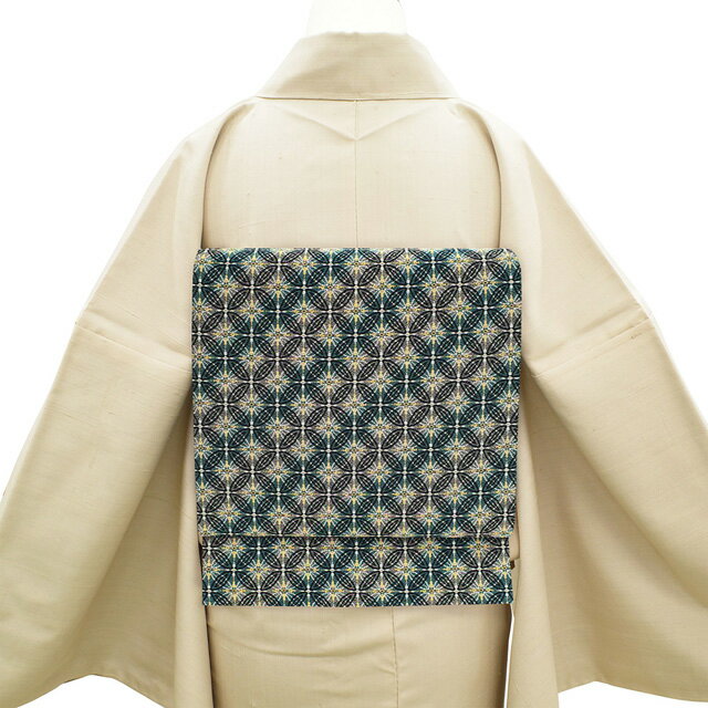 【新古品】 袋帯 未使用 正絹 京都 西陣 金糸 銀糸 黒 緑 グレー 花七宝文様 おしゃれ カジュアル 春 秋 冬 仕立て上がり みやがわ sb52622