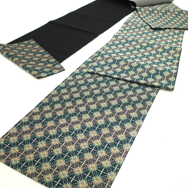【新古品】 袋帯 未使用 正絹 京都 西陣 金糸 銀糸 黒 緑 グレー 花七宝文様 おしゃれ カジュアル 春 秋 冬 仕立て上がり みやがわ sb52622