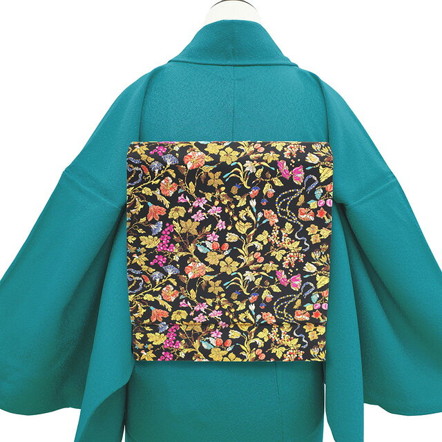 【新古品】 袋帯 未使用 正絹 京都 西陣 加納幸 金糸 レア柄 黒地 草花 木の実 葡萄 どんぐり アクセサリー フォーマル セミフォーマル 袋帯 春 秋 冬 仕立て上がり みやがわ sb53625