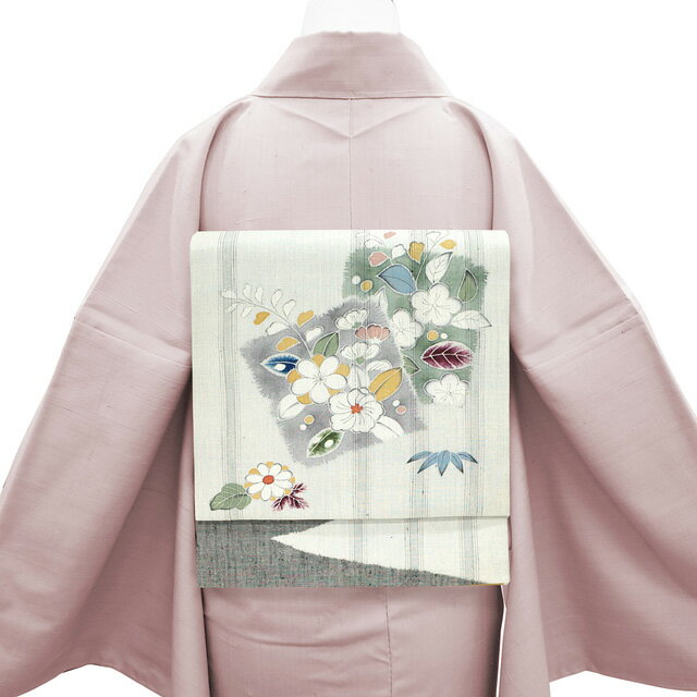 【新古品】 名古屋帯 九寸 正絹 紬 手染め 白グレー 濃グレー 花 ますいわ屋 扱い カジュアル 未使用 春 秋 冬 仕立て上がり みやがわ sb50833