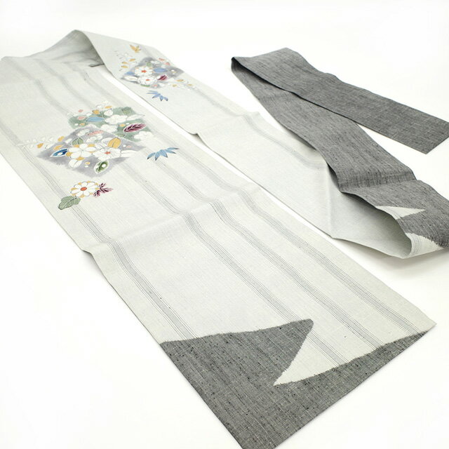 【新古品】 名古屋帯 九寸 正絹 紬 手染め 白グレー 濃グレー 花 ますいわ屋 扱い カジュアル 未使用 春 秋 冬 仕立て上がり みやがわ sb50833