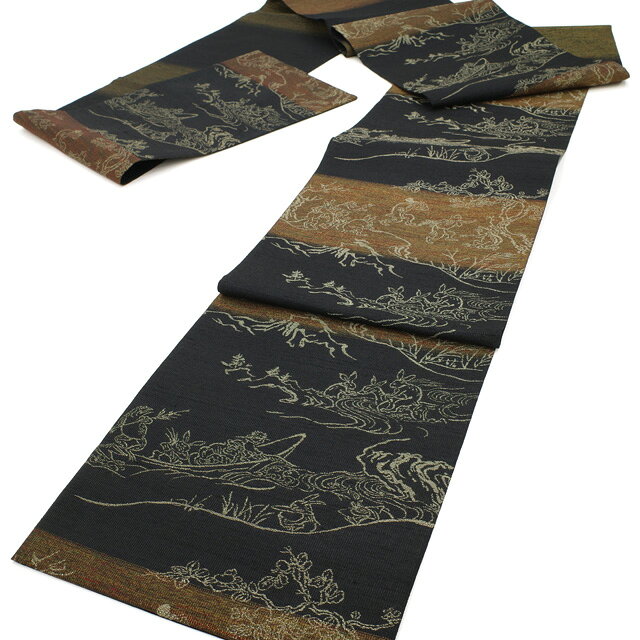 【中古】 袋帯 正絹 京都 西陣 撚金錦 黒 × 茶 段ぼかし地 鳥獣戯画 うさぎ カエル サル 金箔糸 ラメ糸 落款あり 雅 カジュアル 春 秋 冬 美品 仕立て上がり みやがわ sb54735