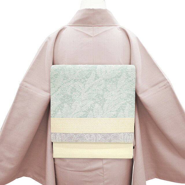 【新古品】 袋帯 未使用 正絹 京都 西陣 銀糸 アイボリー グリーン パープル レース風 草花 セミフォーマル カジュアル 袋帯 春 秋 冬 仕立て上がり みやがわ sb53537