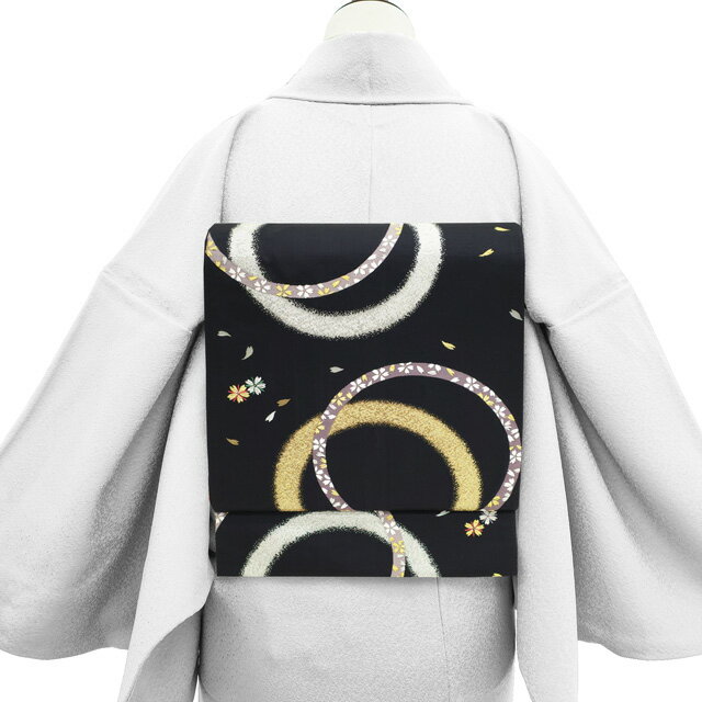 店内お値下げ中！【中古】 袋帯 フォーマル リサイクル 正絹 京都 西陣 金糸 銀糸 黒 丸重ね 桜 桜に花びら 高級 袋帯 春 秋 冬 仕立て上がり みやがわ sb53440