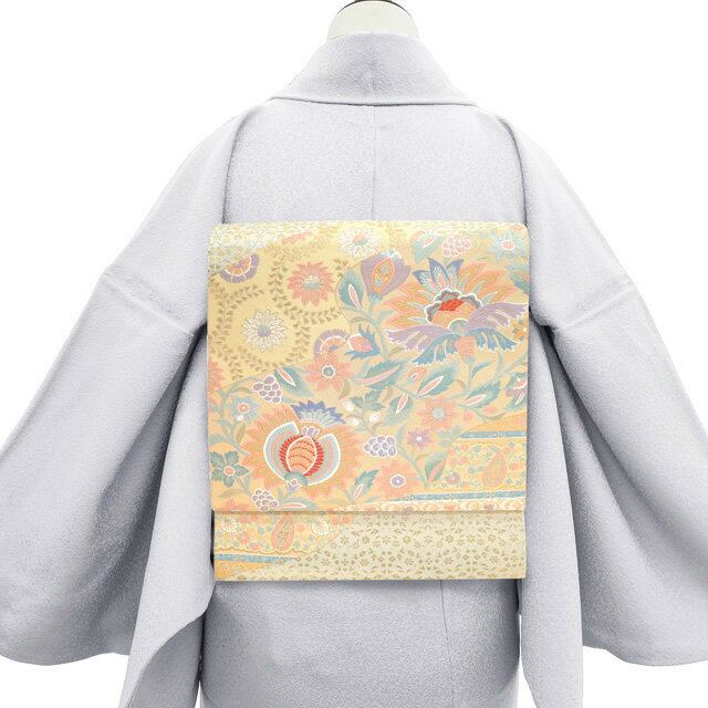 【中古】 袋帯 フォーマル リサイクル 正絹 京都 西陣 服部織物 金糸 本金箔 桃山錦 薄ベージュ 薄黄色 ライトグレー 花更紗 極上 袋帯 春 秋 冬 仕立て上がり みやがわ sb53641