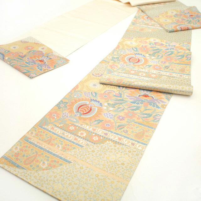 【中古】 袋帯 フォーマル リサイクル 正絹 京都 西陣 服部織物 金糸 本金箔 桃山錦 薄ベージュ 薄黄色 ライトグレー 花更紗 極上 袋帯 春 秋 冬 仕立て上がり みやがわ sb53641