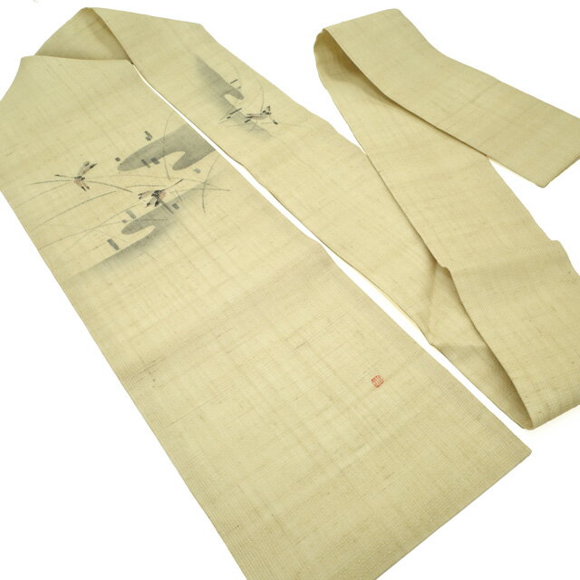【新古品】 夏物 名古屋帯 九寸 未使用 紗紬 正絹 手描き 作家物 ライトイエローベージュ地 とんぼ トンボ 蜻蛉 ヱ霞 お太鼓柄 カジュアル 夏 仕立て上がり みやがわ sb52843
