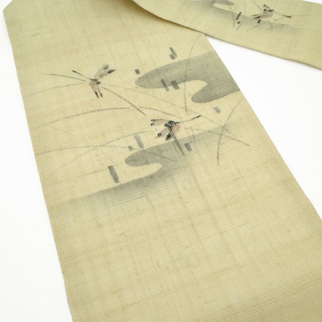 【新古品】 夏物 名古屋帯 九寸 未使用 紗紬 正絹 手描き 作家物 ライトイエローベージュ地 とんぼ トンボ 蜻蛉 ヱ霞 お太鼓柄 カジュアル 夏 仕立て上がり みやがわ sb52843