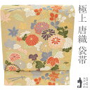 【新古品】 袋帯 フォーマル 未使用 正絹 京都 西陣 ふっくら 唐織 能裳綴 飴色地 薄黄ベージュ 菊 ぶどう 紅葉 芝 霞 草花柄 金糸 春 秋 冬 仕立て上がり みやがわ sb53446