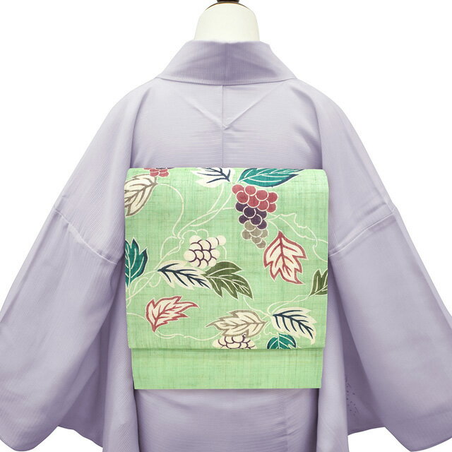 夏物 名古屋帯 未使用 栗山吉三郎 本大麻 和染紅型 麻 アップルグリーン 黄緑 葡萄 人気 夏 カジュアル 手縫い仕立て 夏帯 夏用 夏 名古屋帯 仕立て上がり みやがわ sb54153