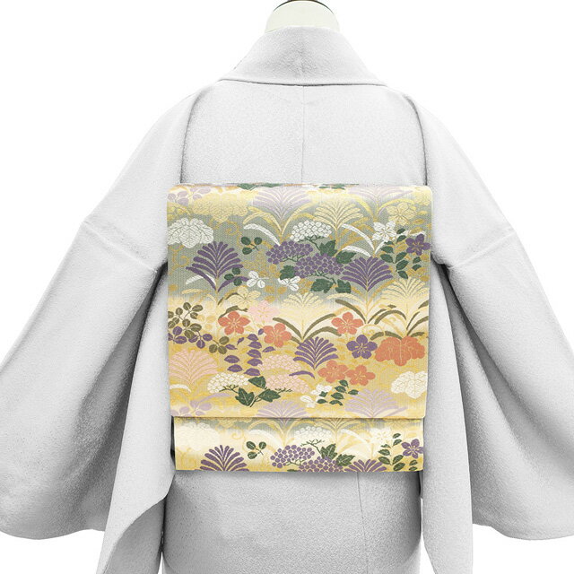 【新古品】 袋帯 未使用 フォーマル 正絹 唐織 京都 西陣 金糸 ベージュ 紫 灰緑 草花 若松 桐 紫陽花 桔梗 萩 さが美扱い 春 秋 冬 袋帯 仕立て上がり みやがわ sb54155