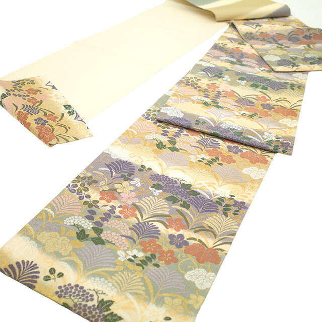 【新古品】 袋帯 未使用 フォーマル 正絹 唐織 京都 西陣 金糸 ベージュ 紫 灰緑 草花 若松 桐 紫陽花 桔梗 萩 さが美扱い 春 秋 冬 袋帯 仕立て上がり みやがわ sb54155