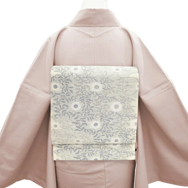 【新古品】 袋帯 未使用 正絹 京都 西陣 ラメ糸 オフホワイト ライトグレー 花唐草 セミフォーマル カジュアル 春 秋 冬 上質 袋帯 仕立て上がり みやがわ sb54757