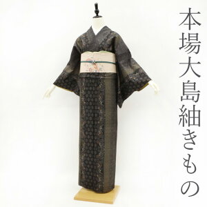 【中古】 本場大島紬 着物 大島紬 正絹 袷 永長織物 泥染め 7マルキ カタス式 こげ茶地 桜 笹蔓 雪見桜 日本和装 扱い カジュアル 春 秋 冬 仕立て上がり 身丈163 裄丈66.5 Lサイズ みやがわ sb12058