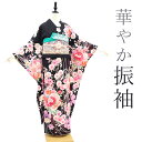 【中古】 振袖 リサイクル 着物 正絹 袷 金彩加工 金駒刺繍 黒地 黒 ピンク 薬玉 四季の花 桜 百合 菊 楓 フォーマル 成人式 春 秋 冬 仕立て上がり 身丈166 裄丈68 Lサイズ みやがわ sb12258