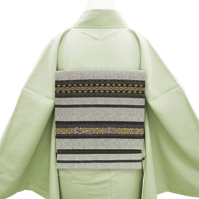 【新古品】 袋帯 リバーシブル 京都 西陣 正絹 未使用 グレー 螺鈿 変わり織 金糸 横段 花 古典 さが美 扱い フォーマル 春 秋 冬 仕立て上がり みやがわ sb51459