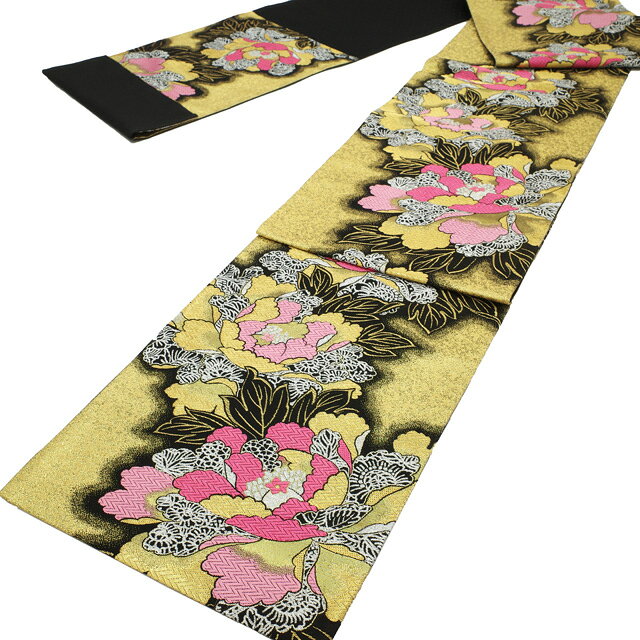 【中古】 すごい値！ 袋帯 リサイクル 振袖用 フォーマル 正絹 京都 西陣 黒金 牡丹 花 成人式 結婚式 金銀糸 二十歳 中古 美品 仕立て上がり 春 秋 冬 みやがわ neb01567