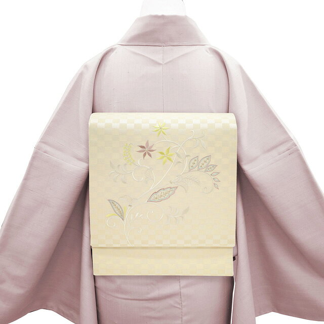 【新古品】 袋帯 フォーマル 未使用 正絹 刺繍 京都 西陣 京洛苑たはら 金糸 ミルクティーベージュ エレガント 花唐草 市松 おしゃれ 上品 春 秋 冬 袋帯 薄ベージュ 仕立て上がり みやがわ sb54474