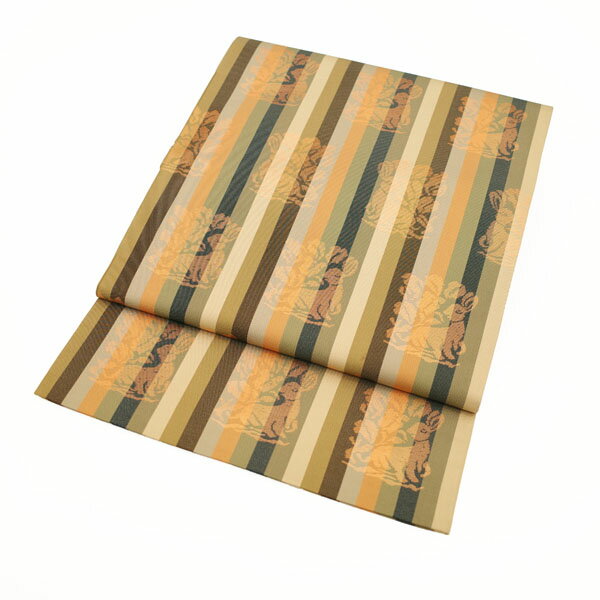 Rakuten - ＼半額／で買えます￥19800→9900 【中古】 袋帯 リサイクル 本袋帯 名物裂 花兎文様 うさぎ ウサギ 縞 正絹 絹 落ち着いたお色合い 上質 全通 セミフォーマル お祝い パーティー ショッピングなど 販売 購入 リサイクル 中古 仕立て上がり みやがわ rb776