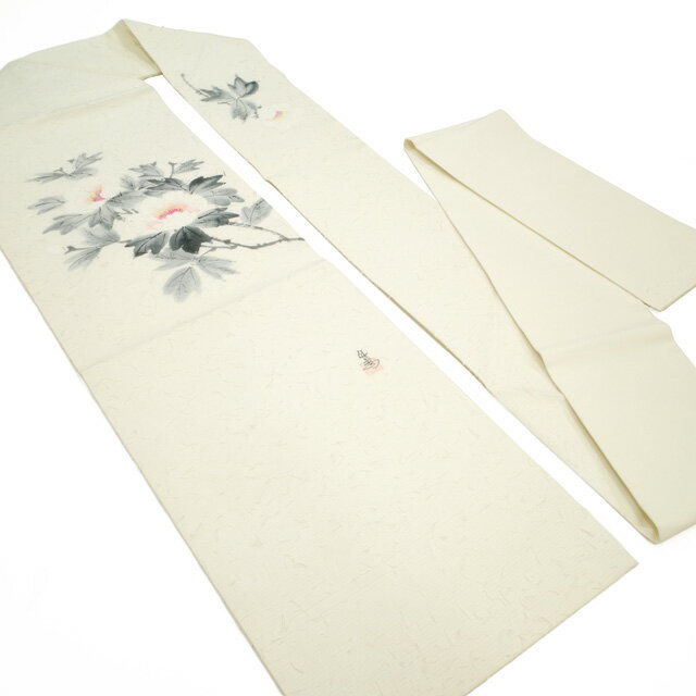 【新古品】 名古屋帯 九寸 リサイクル 正絹 網織紬 ひげ紬 作家物 手描き オフホワイト地 白 牡丹 ぼたん 花柄 お太鼓柄 カジュアル 春 秋 冬 仕立て上がり みやがわ sb54076