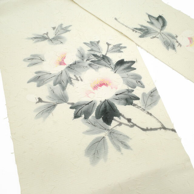 【新古品】 名古屋帯 九寸 リサイクル 正絹 網織紬 ひげ紬 作家物 手描き オフホワイト地 白 牡丹 ぼたん 花柄 お太鼓柄 カジュアル 春 秋 冬 仕立て上がり みやがわ sb54076