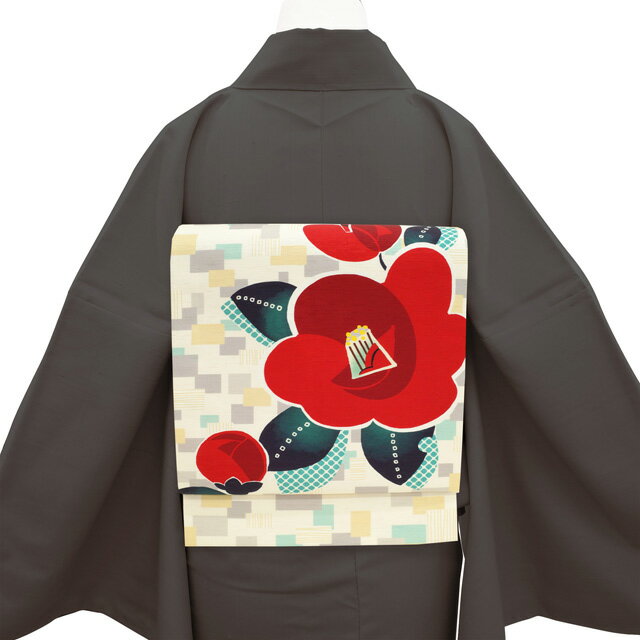 【中古】 京袋帯 リサイクル 京WA・KKA ワッカ 遊禅庵 正絹 染め帯 日本製 クリーム色 椿 花 レトロモダン カジュアル 春 秋 冬 仕立て上がり みやがわ sb53380