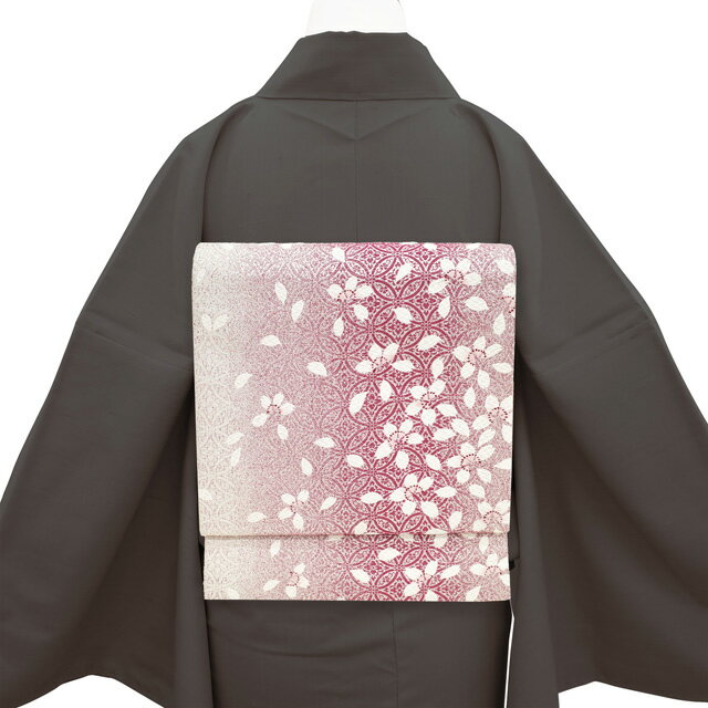 【中古】 袋帯 リサイクル 正絹 全通 銀糸 ルビーレッド 赤ピンク 白 桜 七宝 セミフォーマル ～ カジュアル 袋帯 春 秋 冬 仕立て上がり みやがわ sb53480