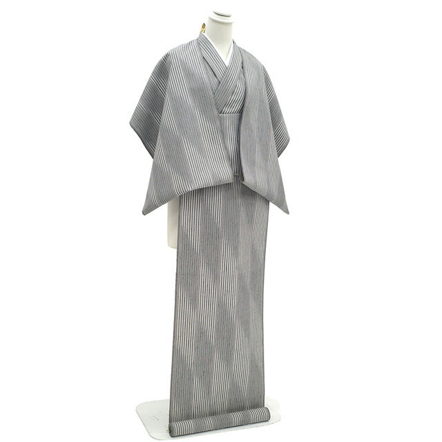 【新古品】 紬 着物 着尺 反物 正絹 千切屋 扱い 伝統工芸士 池田光正 新潟県 十日町 蕪重織物 グレー 白 淡赤 変わり縞 おしゃれ カジュアル 紬 着物 反物 日本製 春 秋 冬 未仕立て みやがわ sb15486