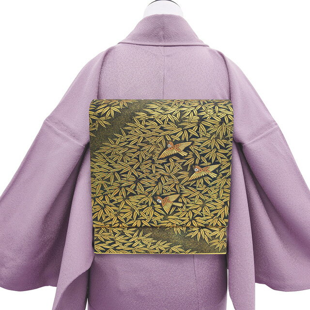 【新古品】 袋帯 フォーマル 正絹 京都 西陣 となみ織物 となみ帯 金糸 黒地 黒金 雀 スズメ 笹 極上 袋帯 春 秋 冬 仕立て上がり みやがわ sb53586