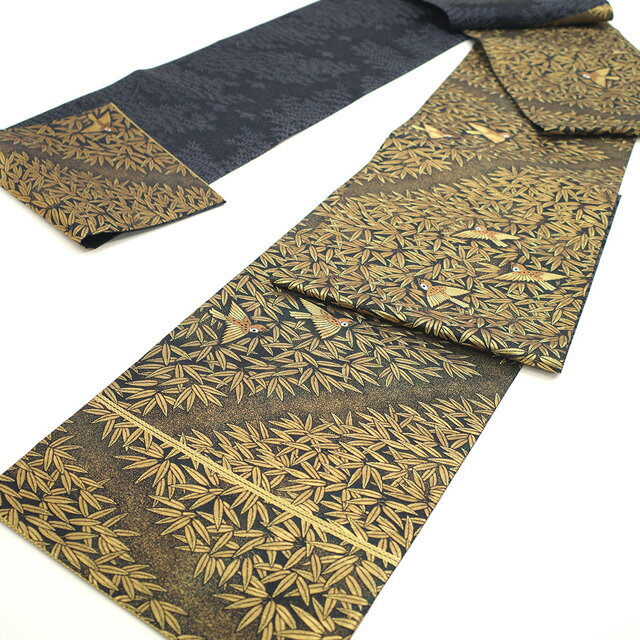 【新古品】 袋帯 フォーマル 正絹 京都 西陣 となみ織物 となみ帯 金糸 黒地 黒金 雀 スズメ 笹 極上 袋帯 春 秋 冬 仕立て上がり みやがわ sb53586