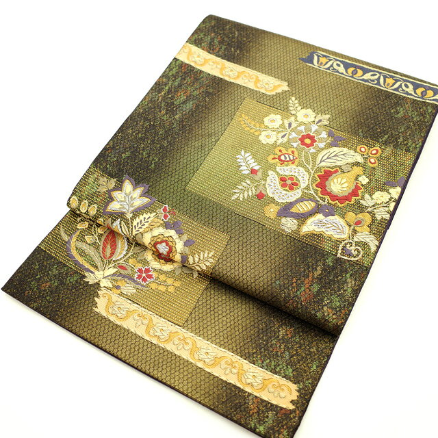 【中古】 すごい値！ 袋帯 リサイクル フォーマル 京都 西陣 作家物 草野一騎 正絹 上質 金 黒 ぼかし地 花更紗 金銀糸 六通柄 仕立て上がり 春 秋 冬 みやがわ neb00790