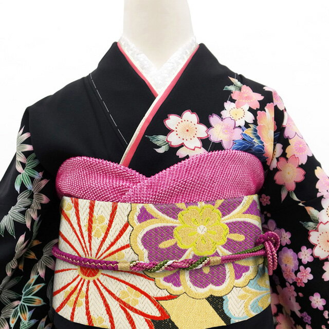 【中古】 すごい値！ 袋帯 リサイクル 振袖用 フォーマル 正絹 京都 西陣 成人式 結婚式 黒 菊 桜 斜め縞 金糸 二十歳 中古 仕立て上がり 春 秋 冬 みやがわ neb01490