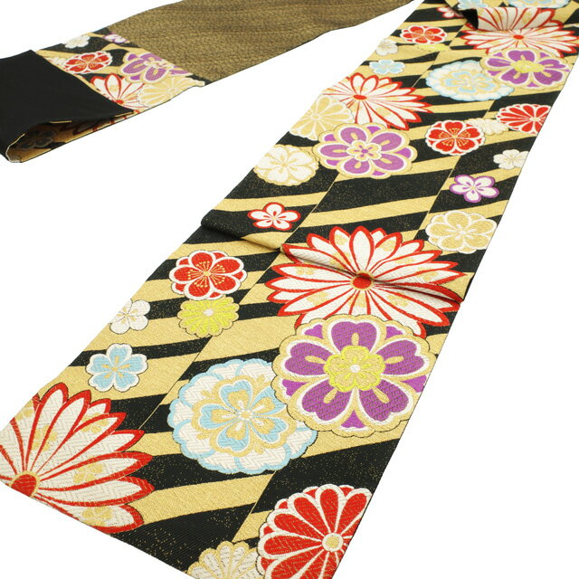 【中古】 すごい値！ 袋帯 リサイクル 振袖用 フォーマル 正絹 京都 西陣 成人式 結婚式 黒 菊 桜 斜め縞 金糸 二十歳 中古 仕立て上がり 春 秋 冬 みやがわ neb01490