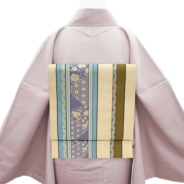 【新古品】 袋帯 本場筑前博多織 未使用 リバーシブル 両面 全通 金糸 薄茶ベージュ 縞 花 献上縞 カジュアル 春 秋 冬 仕立て上がり みやがわ sb51492