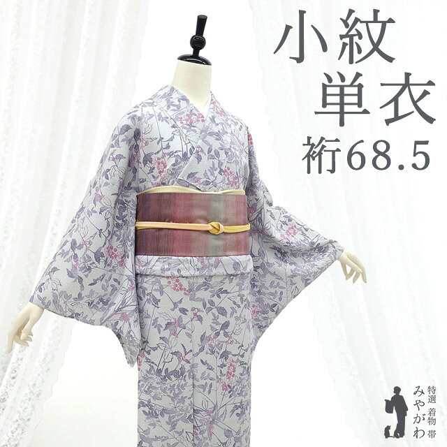 【新古品】 小紋 単衣 着物 未使用 正絹 ブルーグレー 木の実 草花 更紗調 染め柄 カジュアル そめの近江 扱い 居敷当仕立て 春 秋 美品 仕立て上がり 身丈166 裄丈68.5 Lサイズ みやがわ sb18093