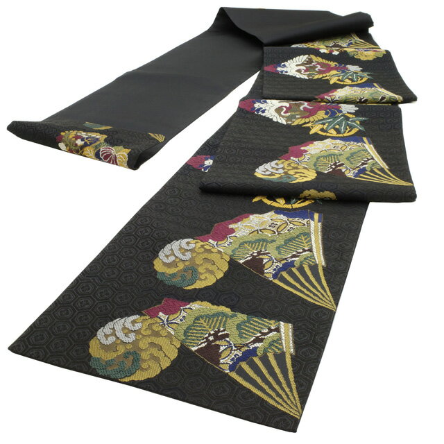 【中古】 すごい値！ 袋帯 リサイクル フォーマル 京都 西陣 正絹 唐織 濃グレー 黒 扇子 鶴 竹 松 七宝 亀甲 金糸 六通柄 仕立て上がり 春 秋 冬 みやがわ neb01094