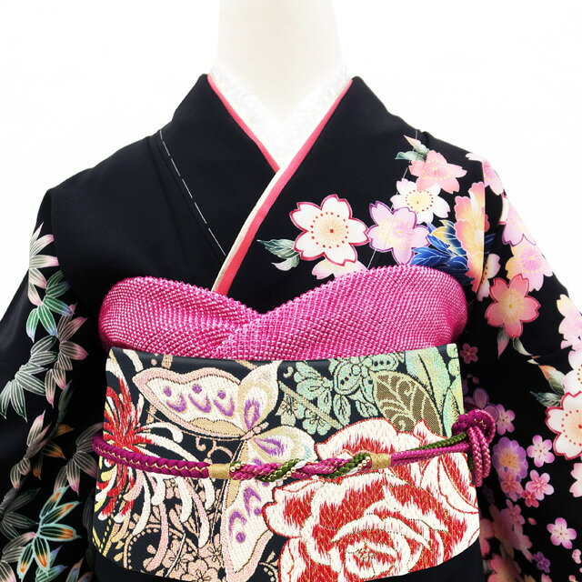 【中古】 振袖用 袋帯 フォーマル リサイクル 振袖 成人式 結婚式 正絹 京都 西陣 金糸 ラメ糸 黒 バラ 薔薇 蝶 花唐草 袋帯 振袖や訪問着 などに 成人式 20歳 20才 結納 パーティー 春 秋 冬 仕立て上がり みやがわ sb53995