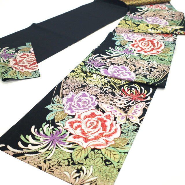 【中古】 振袖用 袋帯 フォーマル リサイクル 振袖 成人式 結婚式 正絹 京都 西陣 金糸 ラメ糸 黒 バラ 薔薇 蝶 花唐草 袋帯 振袖や訪問着 などに 成人式 20歳 20才 結納 パーティー 春 秋 冬 仕立て上がり みやがわ sb53995