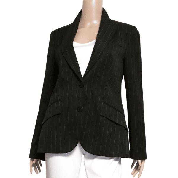 美品【中古】ザラ ZARA BASIC テーラードジャケット ハーフジャケット ジャケット レディース 表記 40号 11号 L 相当 黒 ブラック ピンストライプ柄 テーラードカラー ハーフ丈 知的 クール 上品 大人 女性 オフィス 春秋 春 秋 アウター 20代 30代 40代