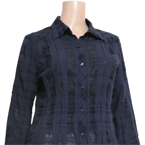 美品【中古】レリアン Leilian チュニックブラウス コットンブラウス ブラウス レディース 表記 11号 L 40号 相当 紺 ネイビー 綿 コットン チェック柄 七分袖 軽やか お洒落 おしゃれ 上品 大人 女性 お出掛け 春 夏 春夏トップス 40代 50代 60代