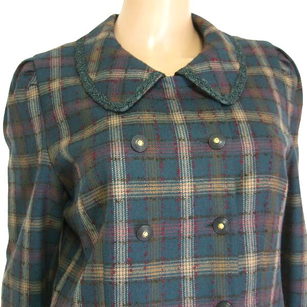 美品【中古】レリアン Leilian スカートスーツ 表記 9号 M 38号 相当 古着 青緑系 レディース 秋 冬 秋冬 毛100 ウール セットアップ 2点セット クラシカル チェック 日本製 大人 女性 50代 60代 ミセス